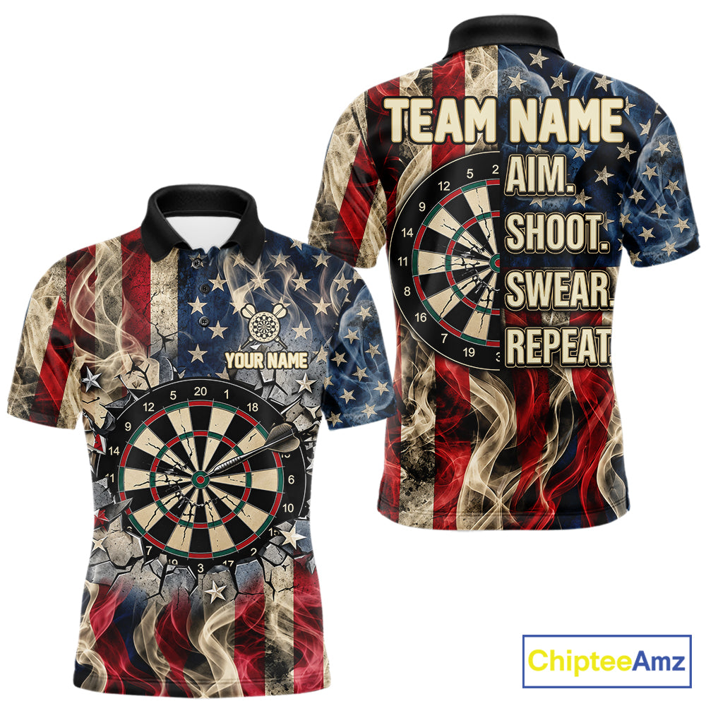 Vintage American Flag Aim Shoot Swear Repeat Darts Shirt For Men Custom Patriotic Darts Jersey TDM7815