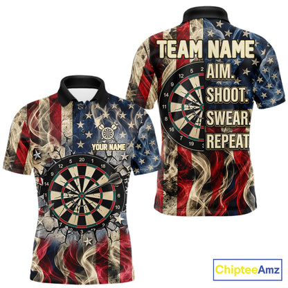 Vintage American Flag Aim Shoot Swear Repeat Darts Shirt For Men Custom Patriotic Darts Jersey TDM7815