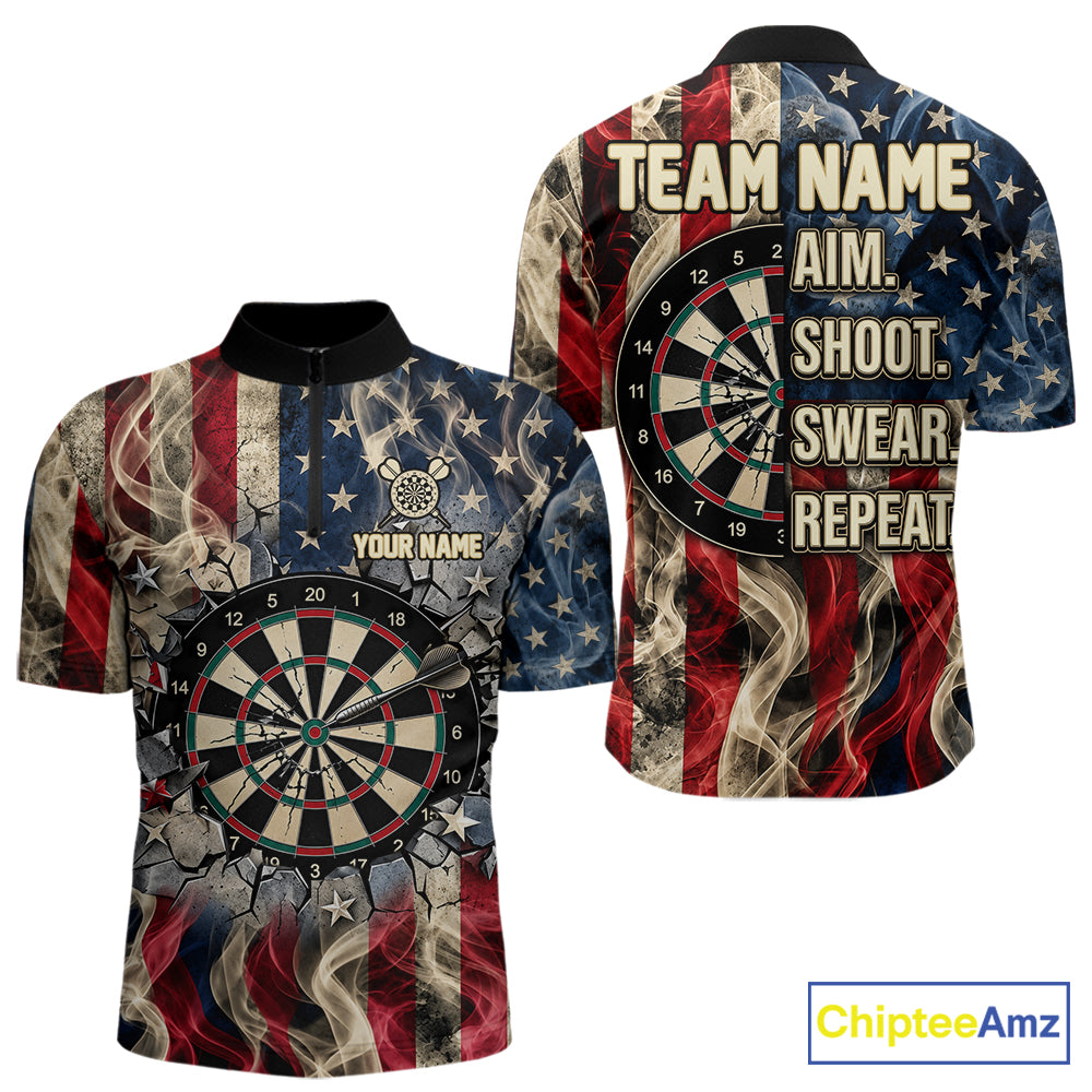 Vintage American Flag Aim Shoot Swear Repeat Darts Shirt For Men Custom Patriotic Darts Jersey TDM7815