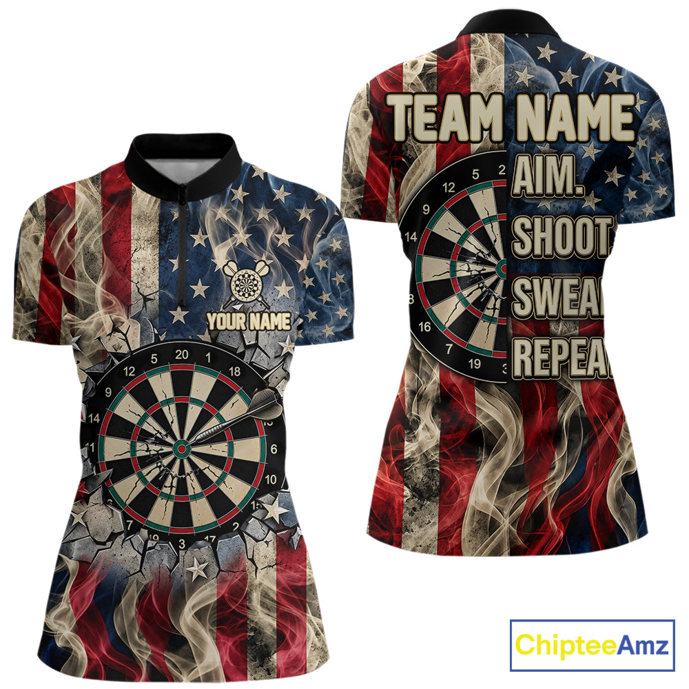 Vintage American Flag Aim Shoot Swear Repeat Darts Shirt For Women Custom Patriotic Darts Jersey TDM7815