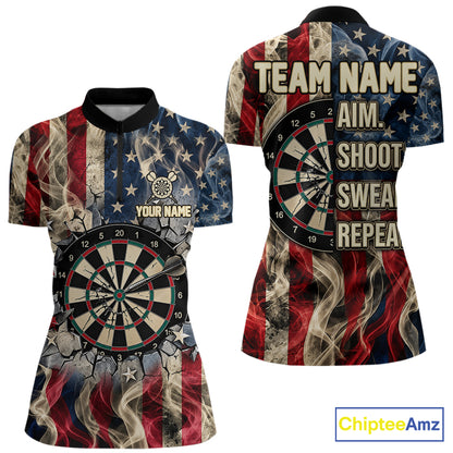 Vintage American Flag Aim Shoot Swear Repeat Darts Shirt For Women Custom Patriotic Darts Jersey TDM7815