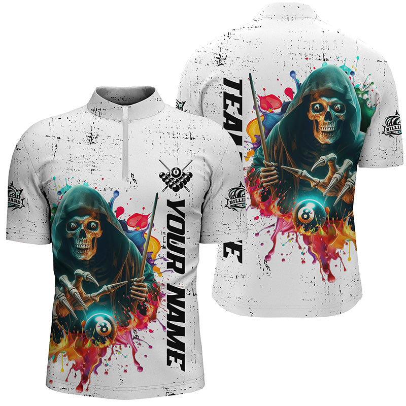 Billiard Skeleton Colorful Grunge Style Customized Men Quarter-Zip Shirt, Billiard Attire TDM1079
