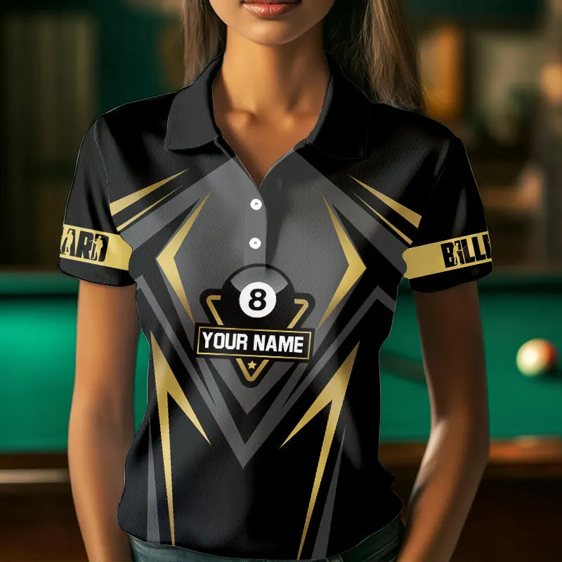 Customized 8 Ball Pool Crown Women Billiard Shirts, Gold And Black Billiard Team Shirts Pool Jerseys TDM3689