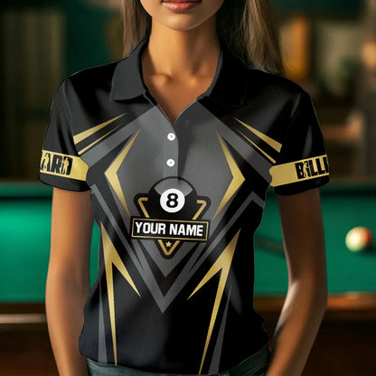 Customized 8 Ball Pool Crown Women Billiard Shirts, Gold And Black Billiard Team Shirts Pool Jerseys TDM3689