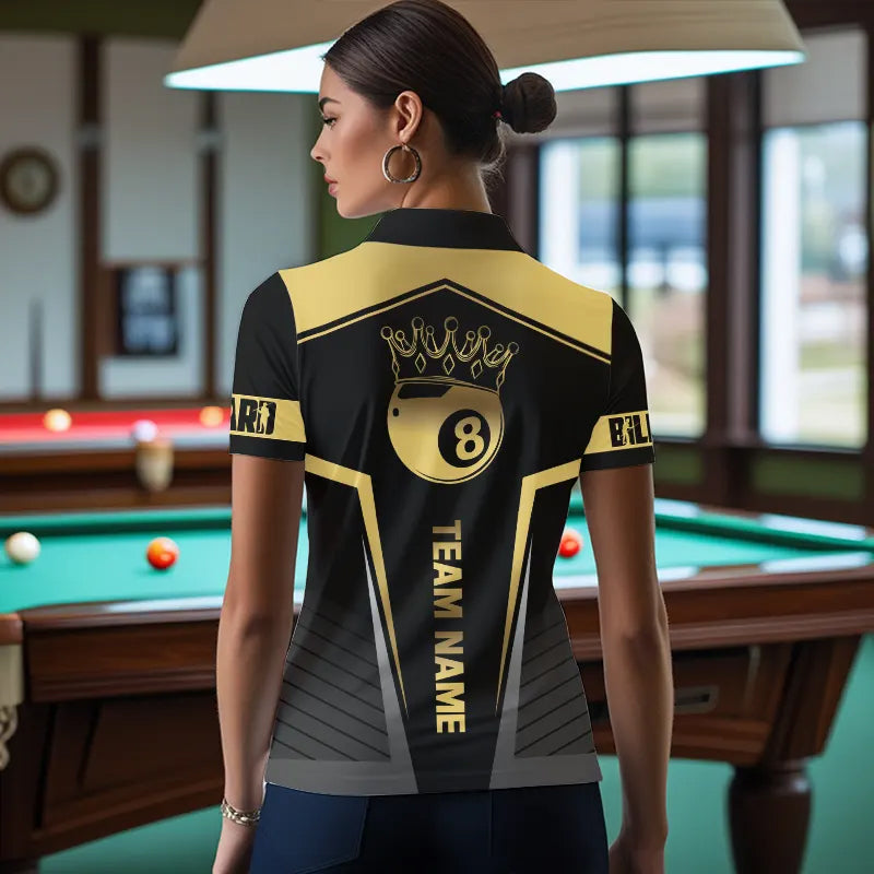 Customized 8 Ball Pool Crown Women Billiard Shirts, Gold And Black Billiard Team Shirts Pool Jerseys TDM3689