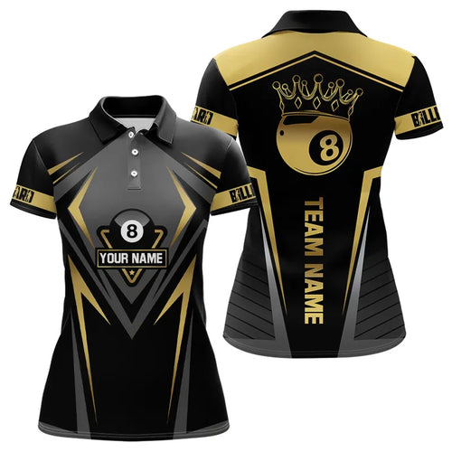 Customized 8 Ball Pool Crown Women Billiard Shirts, Gold And Black Billiard Team Shirts Pool Jerseys TDM3689
