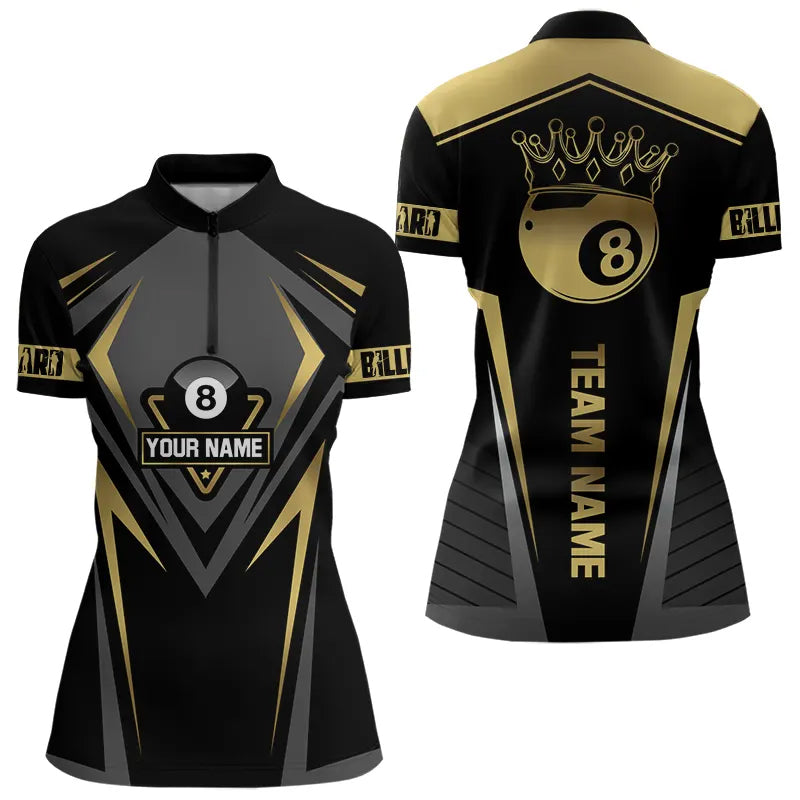 Customized 8 Ball Pool Crown Women Billiard Shirts, Gold And Black Billiard Team Shirts Pool Jerseys TDM3689