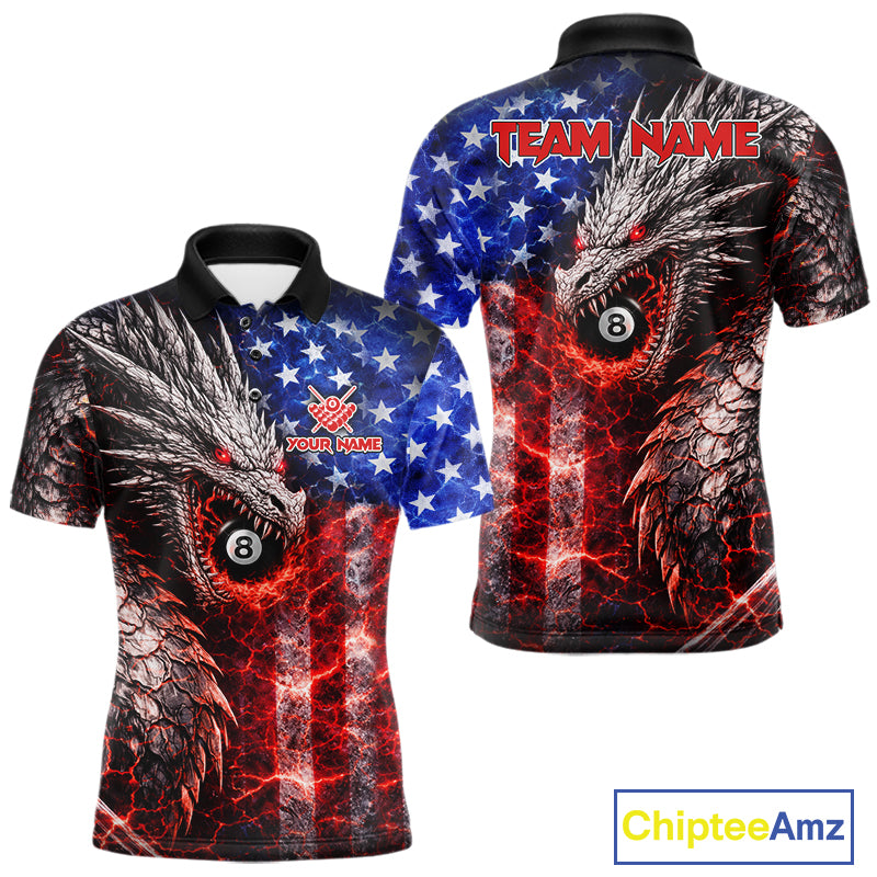 American Flag Dragon 8 Ball Billiard Shirt For Men Custom Lightning Pool Team Jersey Polo, 1/4 Zip TDM6034