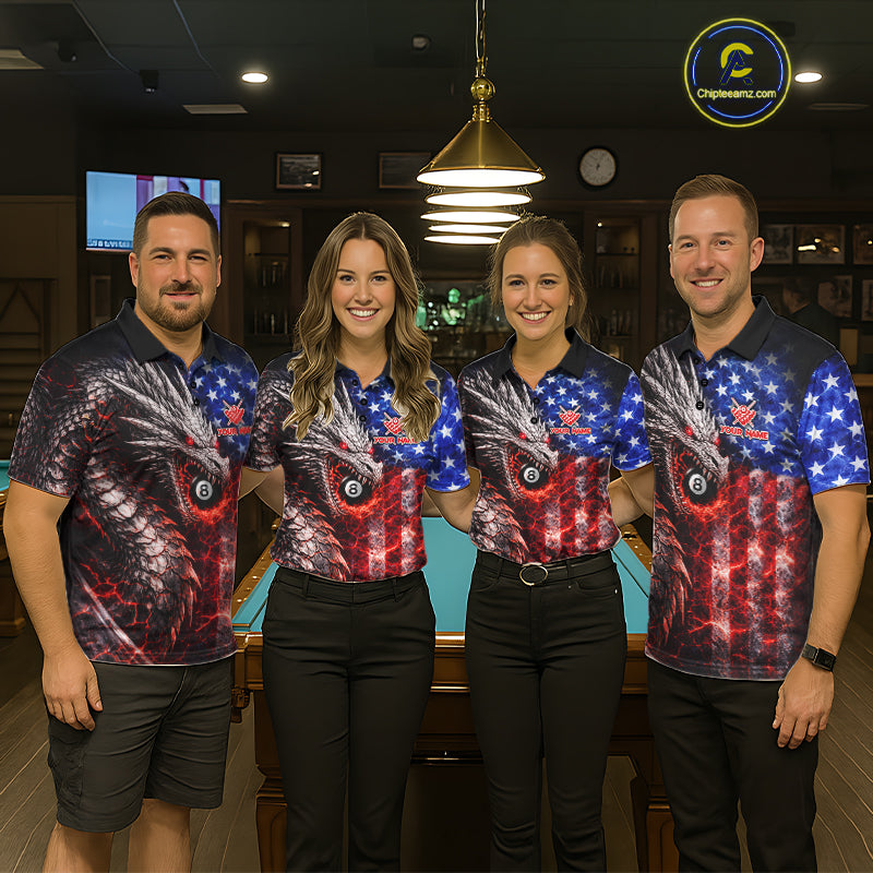 American Flag Dragon 8 Ball Billiard Shirt For Men Custom Lightning Pool Team Jersey Polo, 1/4 Zip TDM6034