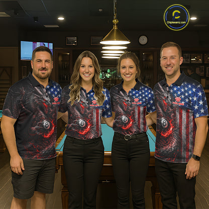 American Flag Dragon 8 Ball Fire Billiard Shirt For Men Custom Pool Team Jersey Polo, 1/4 Zip TDM6035