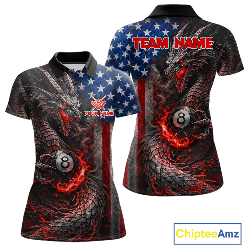 American Flag Dragon 8 Ball Fire Billiard Shirt For Women Custom Pool Team Jersey Polo, 1/4 Zip TDM6035