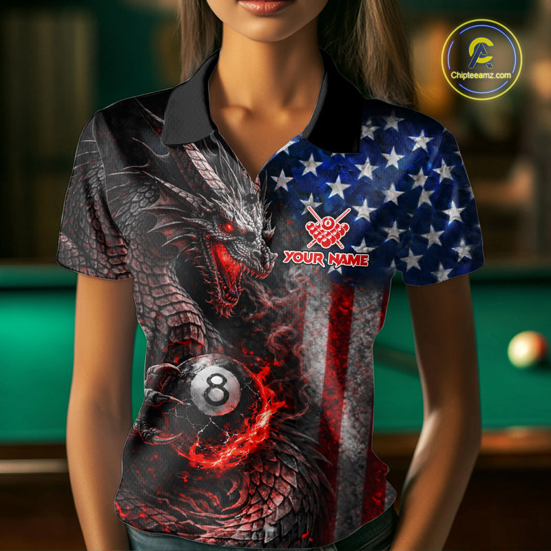 American Flag Dragon 8 Ball Fire Billiard Shirt For Women Custom Pool Team Jersey Polo, 1/4 Zip TDM6035