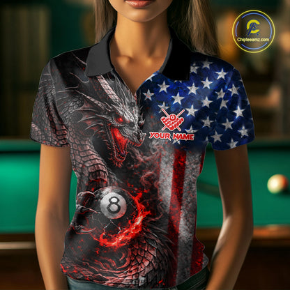 American Flag Dragon 8 Ball Fire Billiard Shirt For Women Custom Pool Team Jersey Polo, 1/4 Zip TDM6035