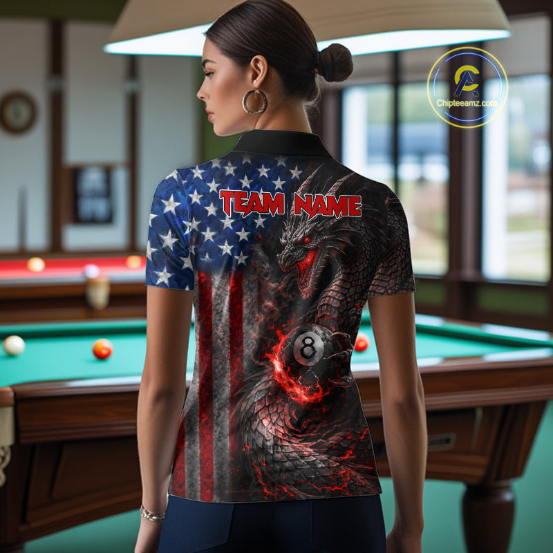 American Flag Dragon 8 Ball Fire Billiard Shirt For Women Custom Pool Team Jersey Polo, 1/4 Zip TDM6035