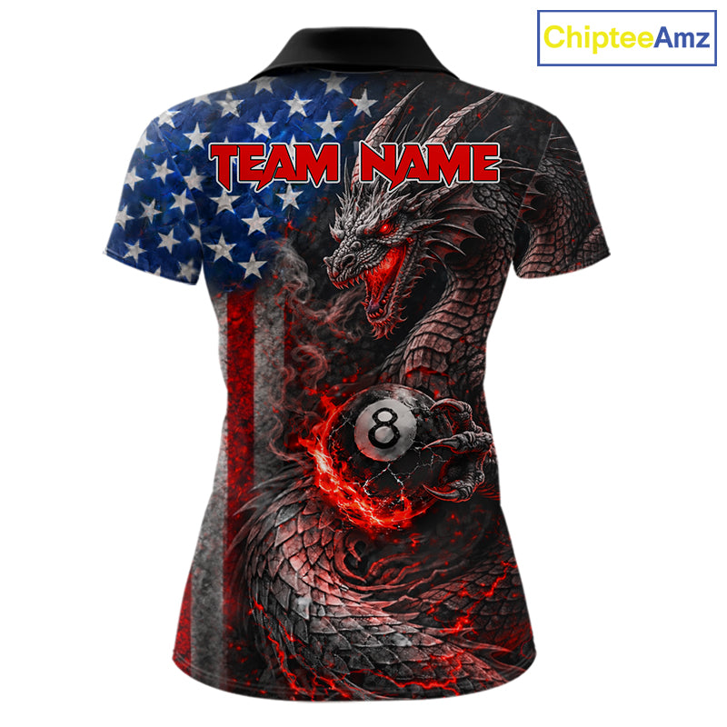 American Flag Dragon 8 Ball Fire Billiard Shirt For Women Custom Pool Team Jersey Polo, 1/4 Zip TDM6035