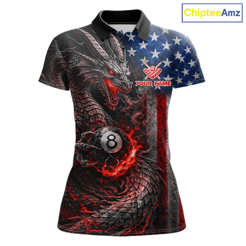 American Flag Dragon 8 Ball Fire Billiard Shirt For Women Custom Pool Team Jersey Polo, 1/4 Zip TDM6035