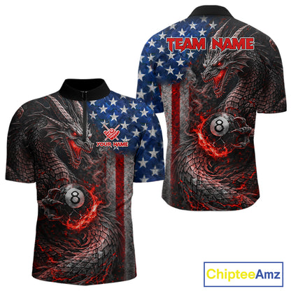 American Flag Dragon 8 Ball Fire Billiard Shirt For Men Custom Pool Team Jersey Polo, 1/4 Zip TDM6035