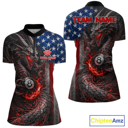 American Flag Dragon 8 Ball Fire Billiard Shirt For Women Custom Pool Team Jersey Polo, 1/4 Zip TDM6035