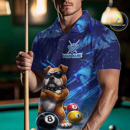 Funny Bulldog Pool Balls Billiard Shirt For Men Custom Billiard Team Jersey Polo & 1/4 Zip |Blue TDM6041