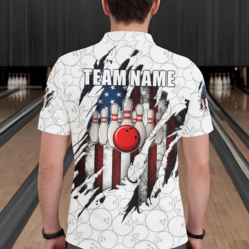 Back view of man wearing a vintage American flag white bowling polo shirt inside a bowling alley.
