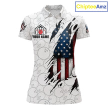 Load image into Gallery viewer, Vintage American flag white bowling polo shirt for women with patriotic team graphics.