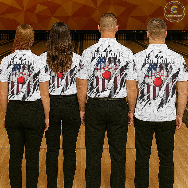 Back view of bowling team wearing matching patriotic bowling shirts in a bowling alley.