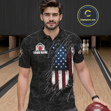Load image into Gallery viewer, Man wearing a vintage American flag black bowling polo shirt at a bowling alley front view.