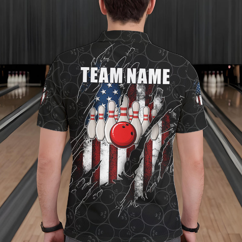 Back view of man wearing a vintage American flag black bowling polo shirt inside a bowling alley.