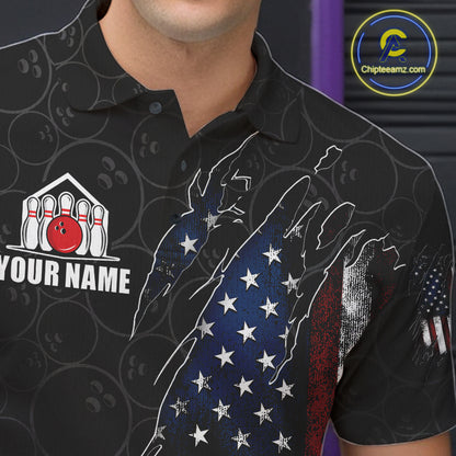 Close-up of a vintage American flag black bowling polo shirt collar, buttons, and patriotic artwork.