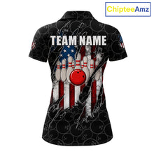 Load image into Gallery viewer, Vintage American flag black bowling polo shirt for women with patriotic team graphics.