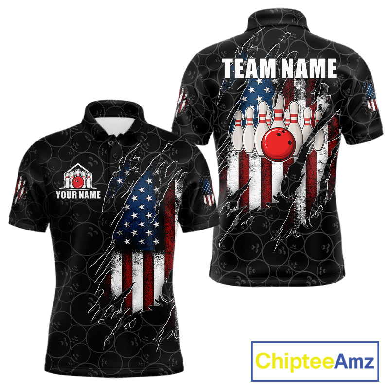 Vintage American flag black bowling polo shirt for men with patriotic team graphics.