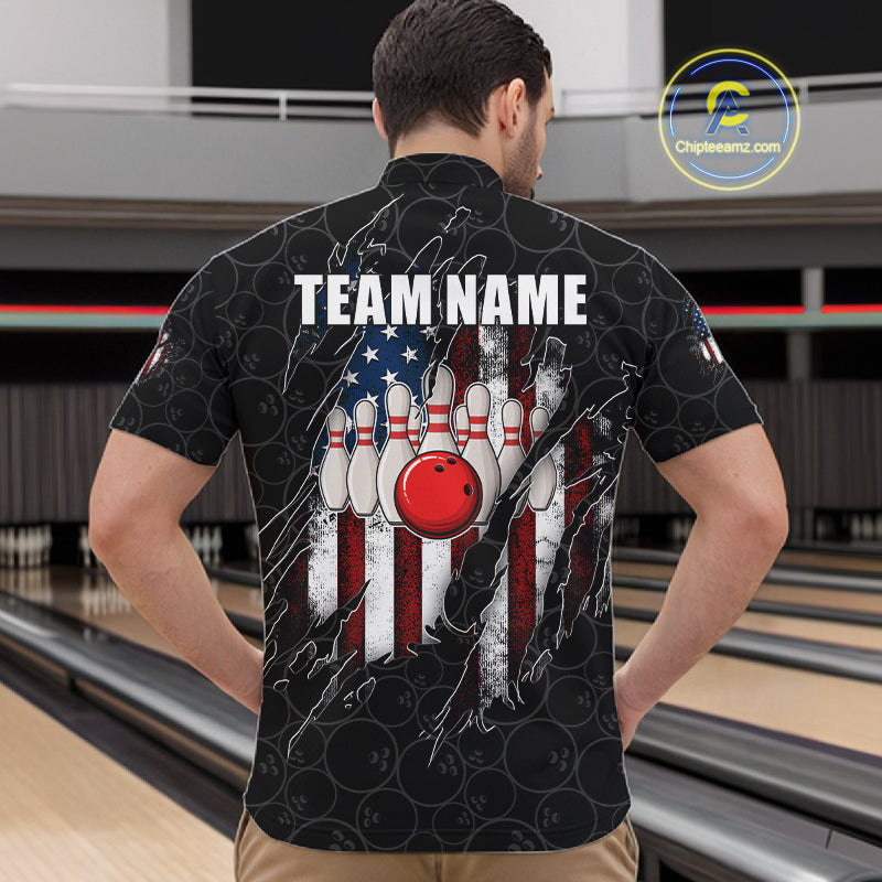 Back view of man wearing a vintage American flag black bowling quarter zip shirt in a bowling alley.