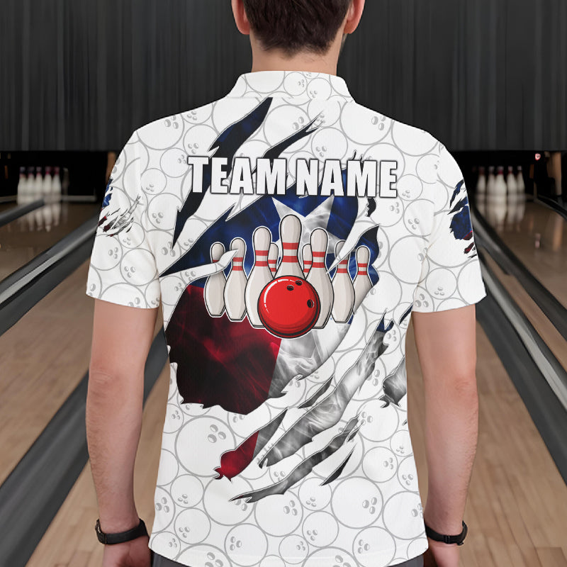 Back view of man wearing a smoke Texas flag white bowling polo shirt inside a bowling alley.