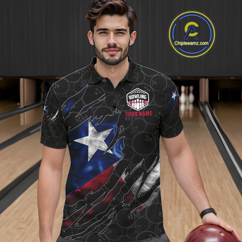 Man wearing a smoke Texas flag black bowling polo shirt at a bowling alley front view.
