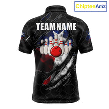 Load image into Gallery viewer, Smoke Texas flag black bowling polo shirt for men with patriotic bowling team graphics.