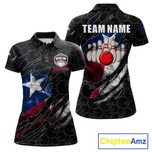 Load image into Gallery viewer, Smoke Texas flag black bowling polo shirt for women with patriotic bowling team graphics.