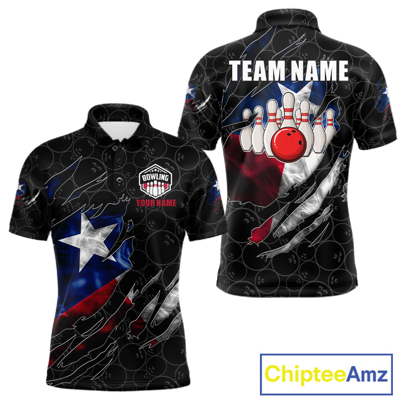 Smoke Texas flag black bowling polo shirt for men with patriotic bowling team graphics.
