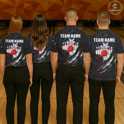 Back view of bowling team wearing matching Texas flag bowling shirts in a bowling alley.