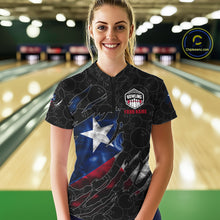 Load image into Gallery viewer, Woman wearing a smoke Texas flag black bowling quarter zip jersey during league competition front view.