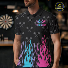 Load image into Gallery viewer, Man wearing a dartboard neon fire flame darts jersey at a darts venue front view.