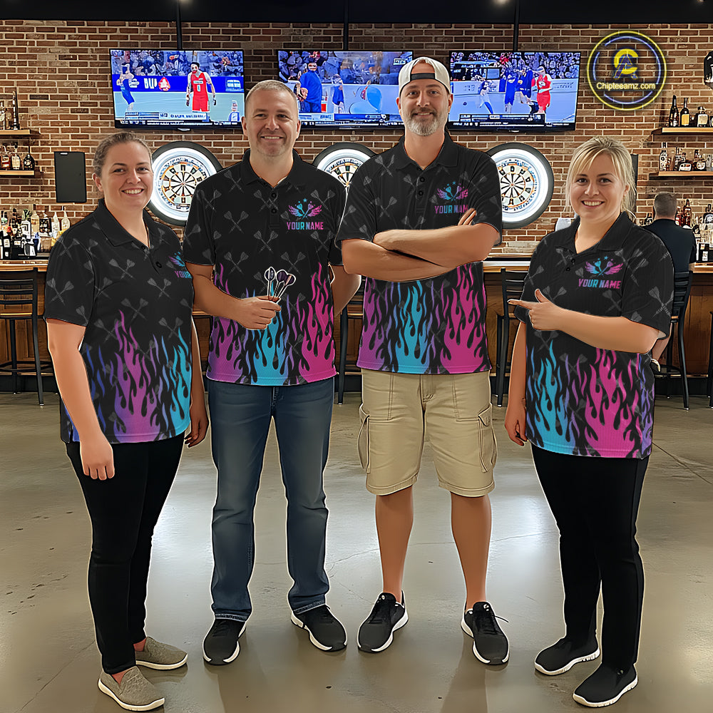 Darts team wearing matching dartboard neon fire flame darts jerseys during tournament play front view.