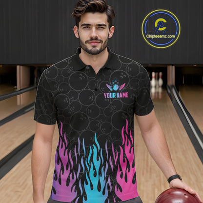 Man wearing a fire flame neon bowling polo shirt at a bowling alley front view.