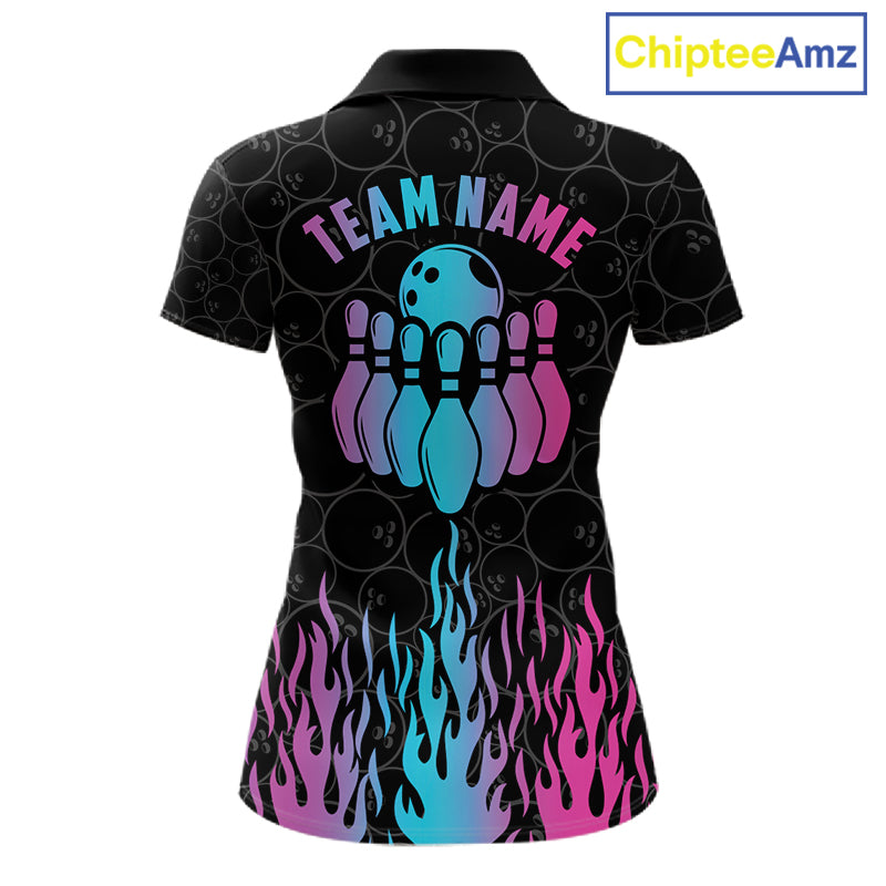 Fire flame neon bowling polo shirt for women with colorful custom team graphics.