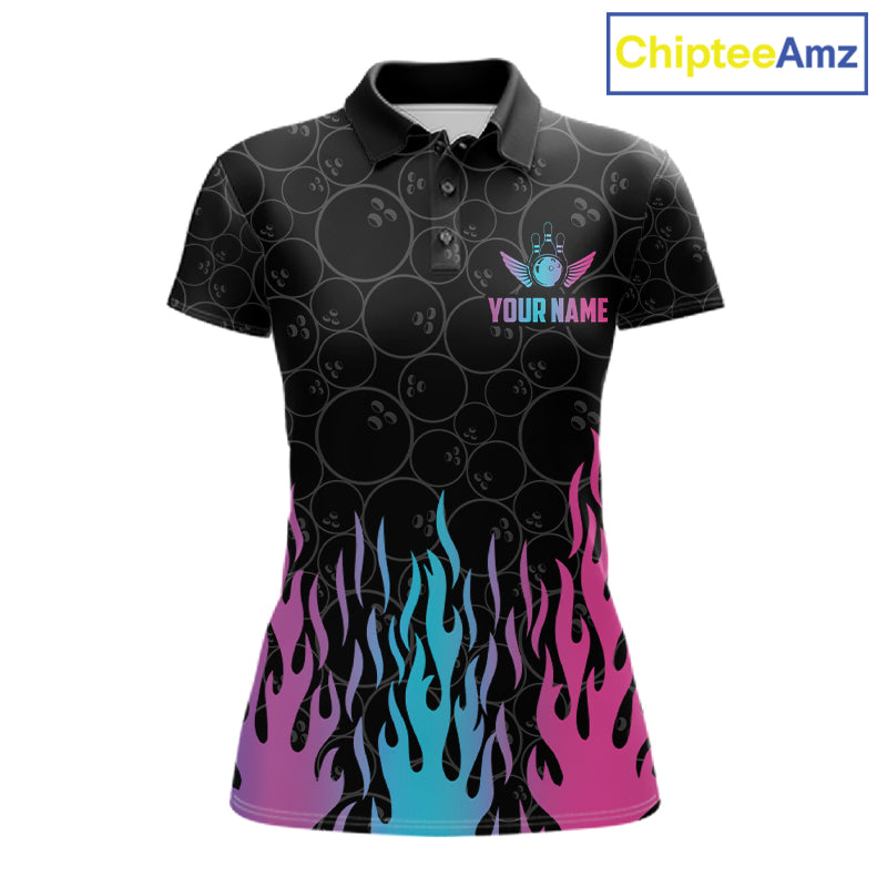Fire flame neon bowling polo shirt for women with colorful custom team graphics.