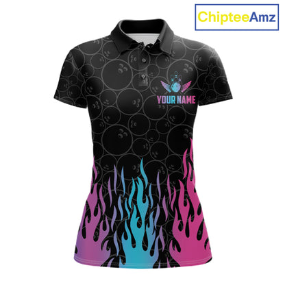 Fire flame neon bowling polo shirt for women with colorful custom team graphics.