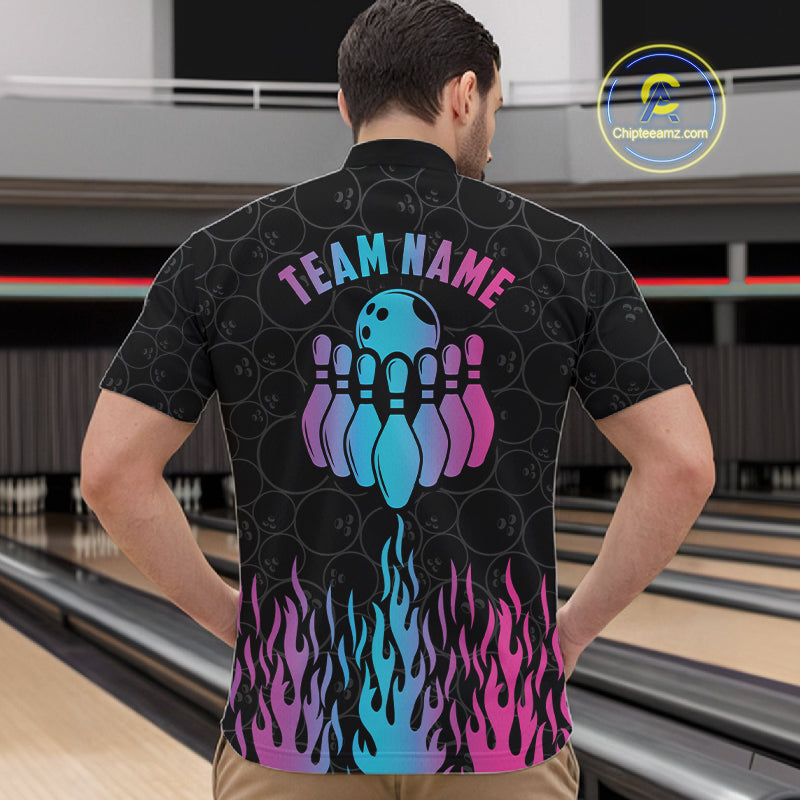 Back view of man wearing a fire flame neon bowling quarter zip shirt in a bowling alley.