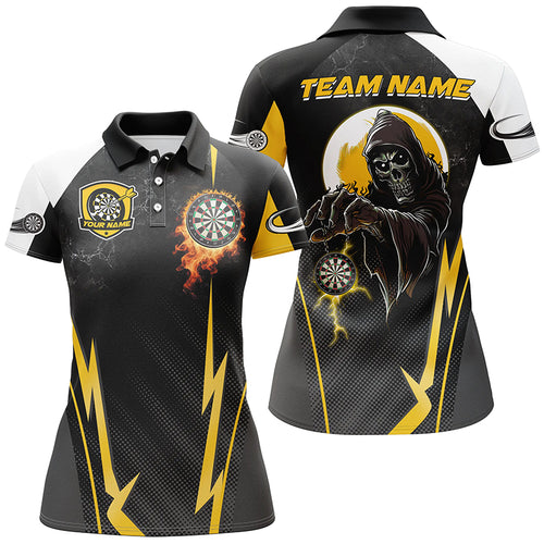 Funny Death Skeleton Custom Yellow Black Darts Shirts For Women, Personalized Cool Darts Team Jerseys TDM2190