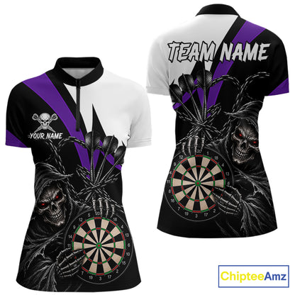 Personalized Grim Reaper Chain Darts Shirts For Women Custom Skull Darts League Team Jersey | Purple TDM7185