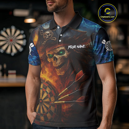 Personalized Pirate Fire Flame Darts Shirt For Men Custom Skull Darts Jersey Team Polo & 1/4 Zip TDM4973