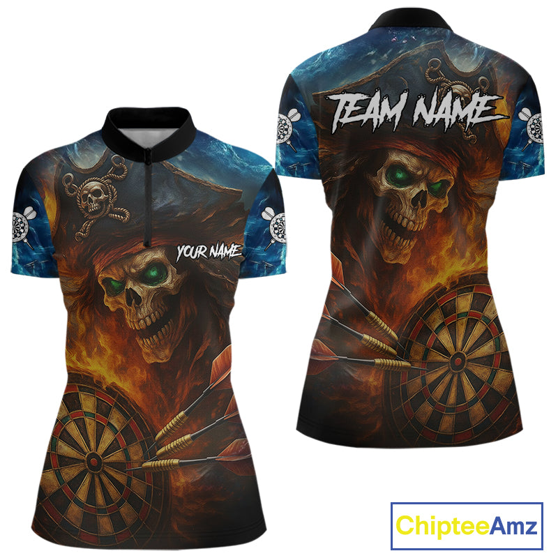 Personalized Pirate Fire Flame Darts Shirt For Women Custom Skull Darts Jersey Team Polo & 1/4 Zip TDM4973